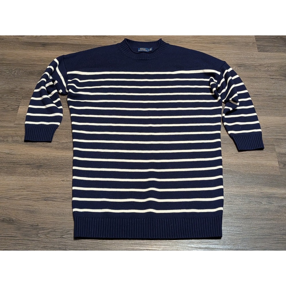Polo Ralph Lauren Navy Blue White Striped Merino Wool Sweater Dress Large L